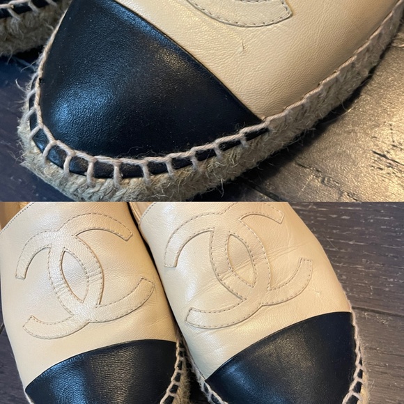 Chanel CC Cap Toe Espadrilles Beige & Black Lambskin Leather Size 38 shoe flat - Picture 13 of 15